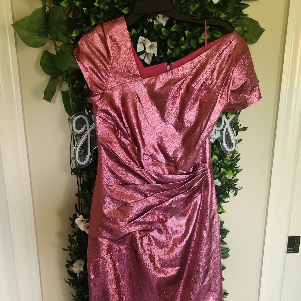 Theia One Shoulder Metallic Pink Dress